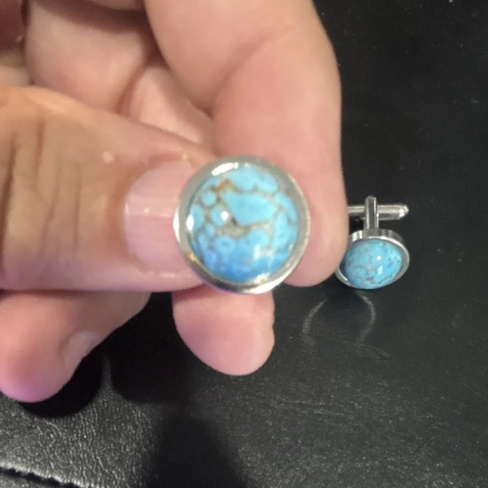 Men's Silver Cufflinks Round Blue Turquoise Stone Bullet Back Pair